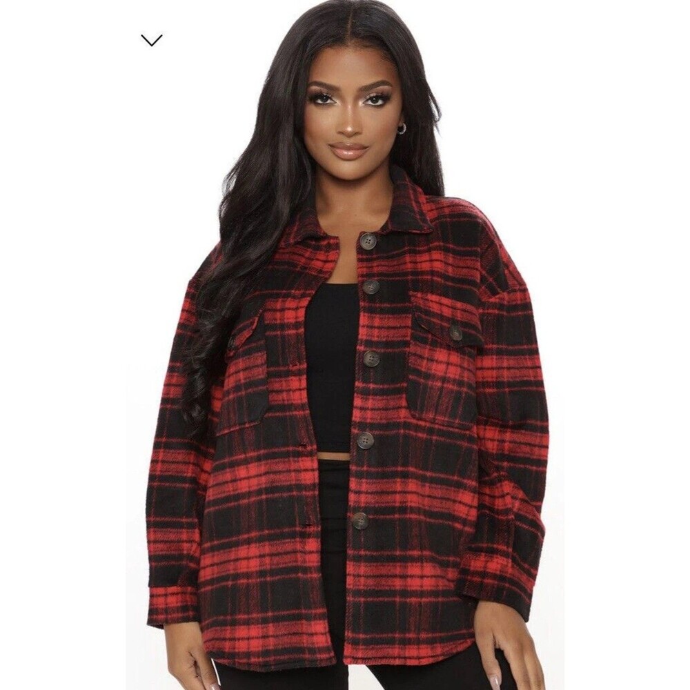 fashion nova Womens Plaid Shacket Oversized Button Up Flannel Jacket Red Black